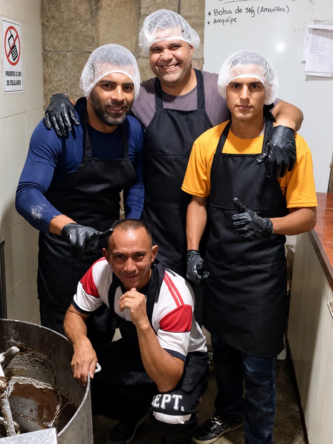Cuatro integrantes del equipo de trabajo en la cocina de Chambay Express.