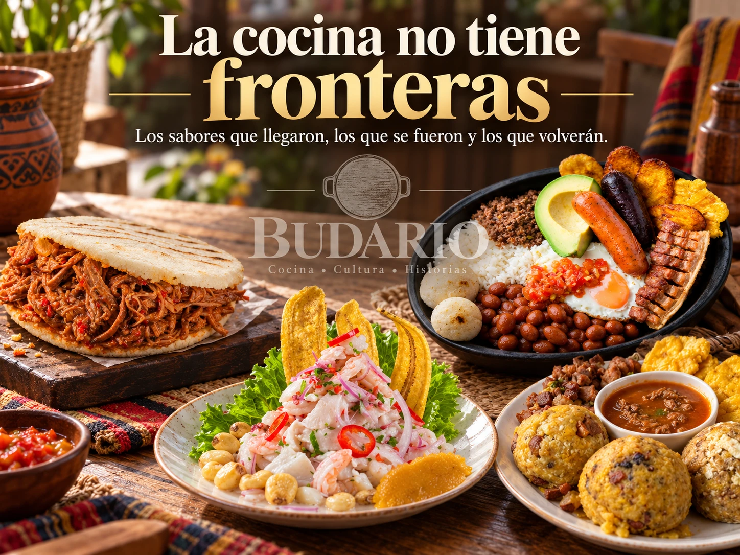 Portada de La cocina no tiene fronteras, con arepa, ceviche y platos de distintas tradiciones culinarias alrededor del logotipo de BUDARIO.
