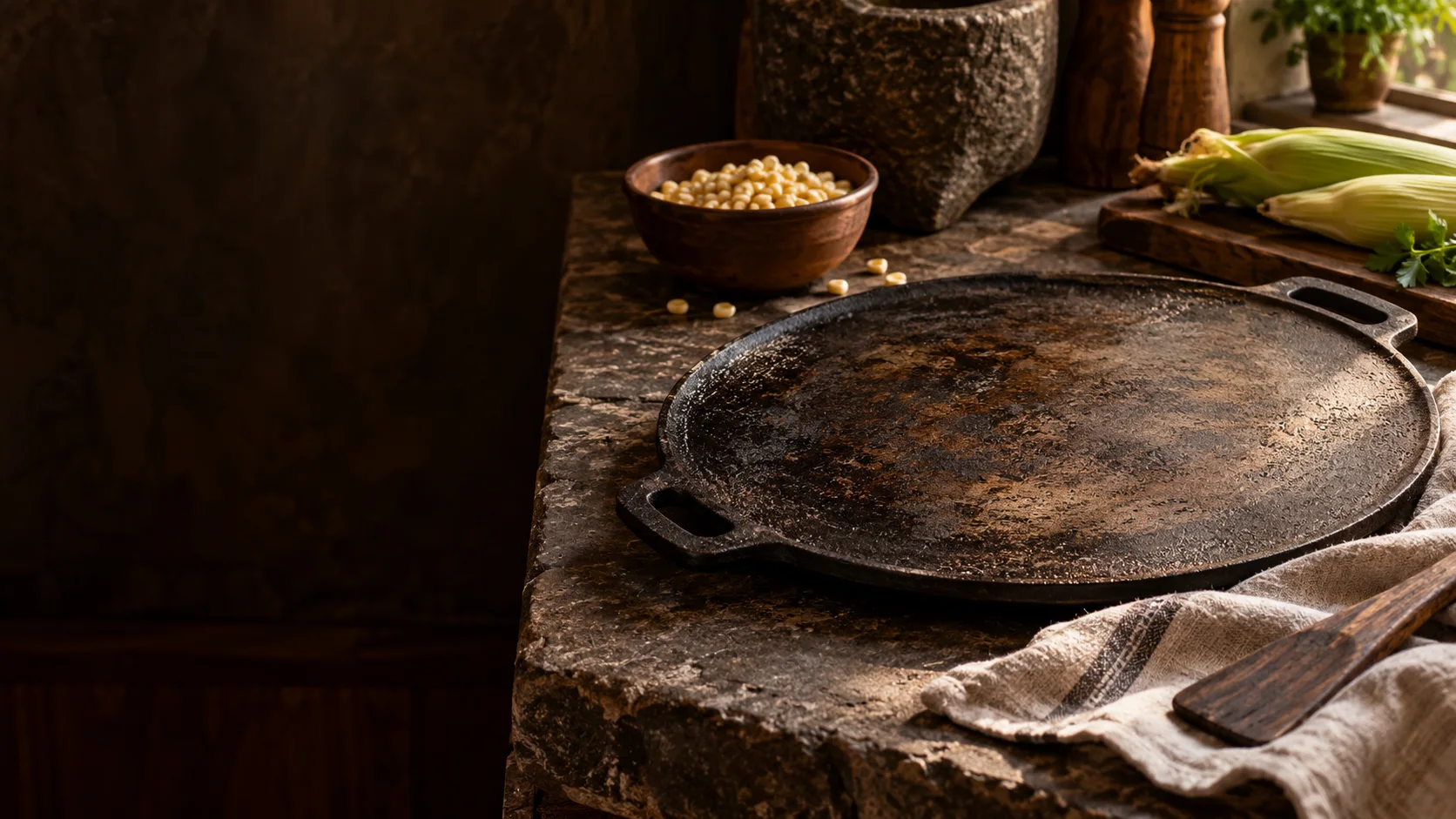 Budare tradicional, maíz y utensilios de cocina sobre una mesa rústica: la portada institucional de BUDARIO.