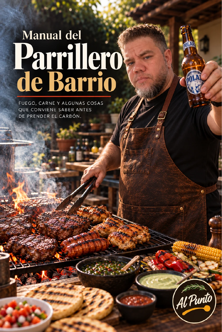 Portada original de Manual del Parrillero de Barrio, con un parrillero junto a las brasas.