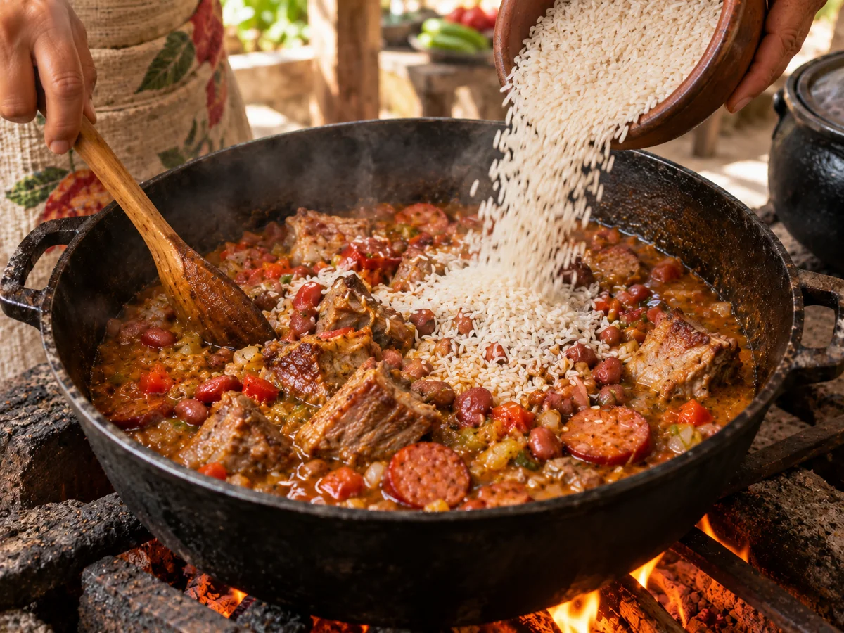 Arroz crudo vertiéndose directamente sobre el guiso de costillitas, chorizo y frijoles en el caldero.