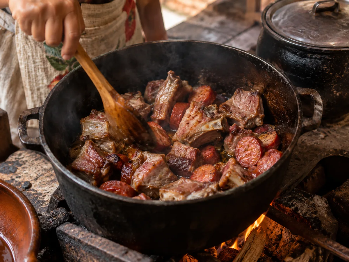 Una persona remueve costillitas de cerdo y rodajas de chorizo dorándose en un caldero.