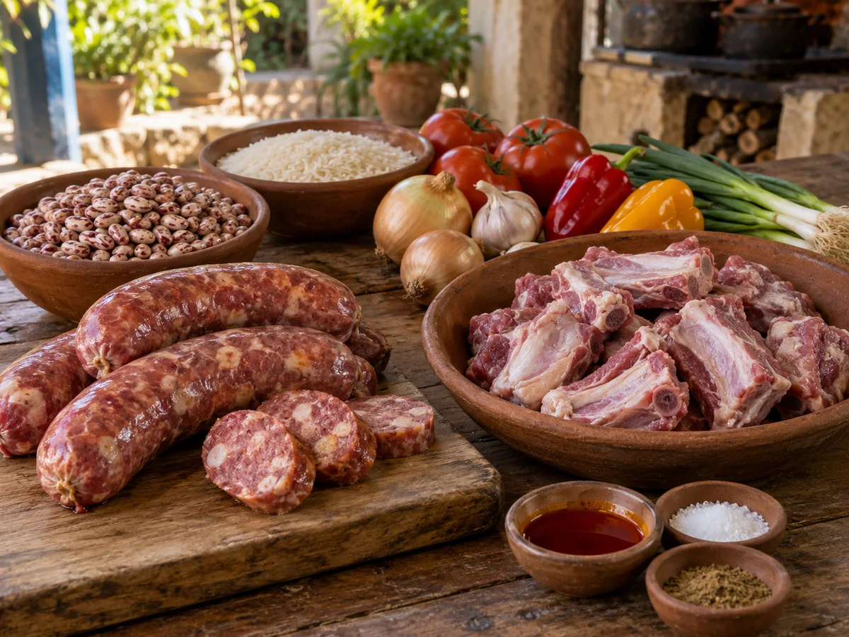 Frijoles, arroz, costillitas crudas, chorizo y aliños dispuestos sobre una mesa de madera.
