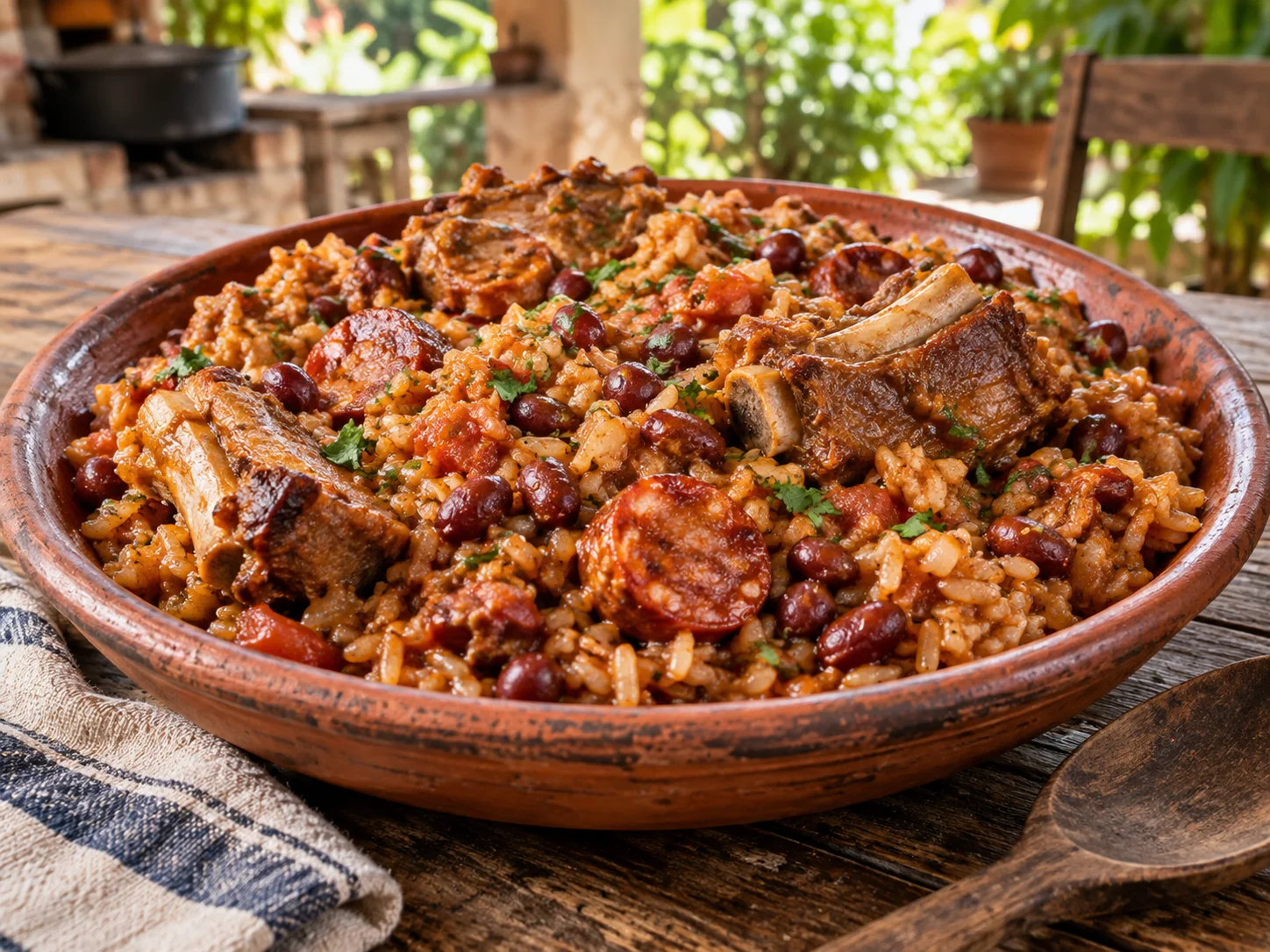 Palo a pique oriental con arroz, frijoles, costillitas de cerdo y chorizo, servido en una fuente de barro.