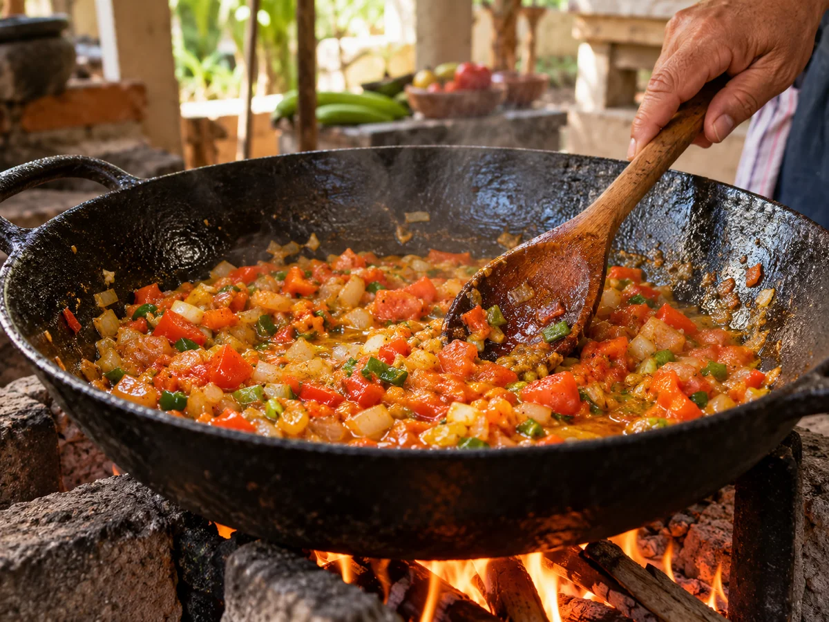 Sofrito de tomate, cebolla, pimentón y otros aliños en un caldero al fuego de leña.