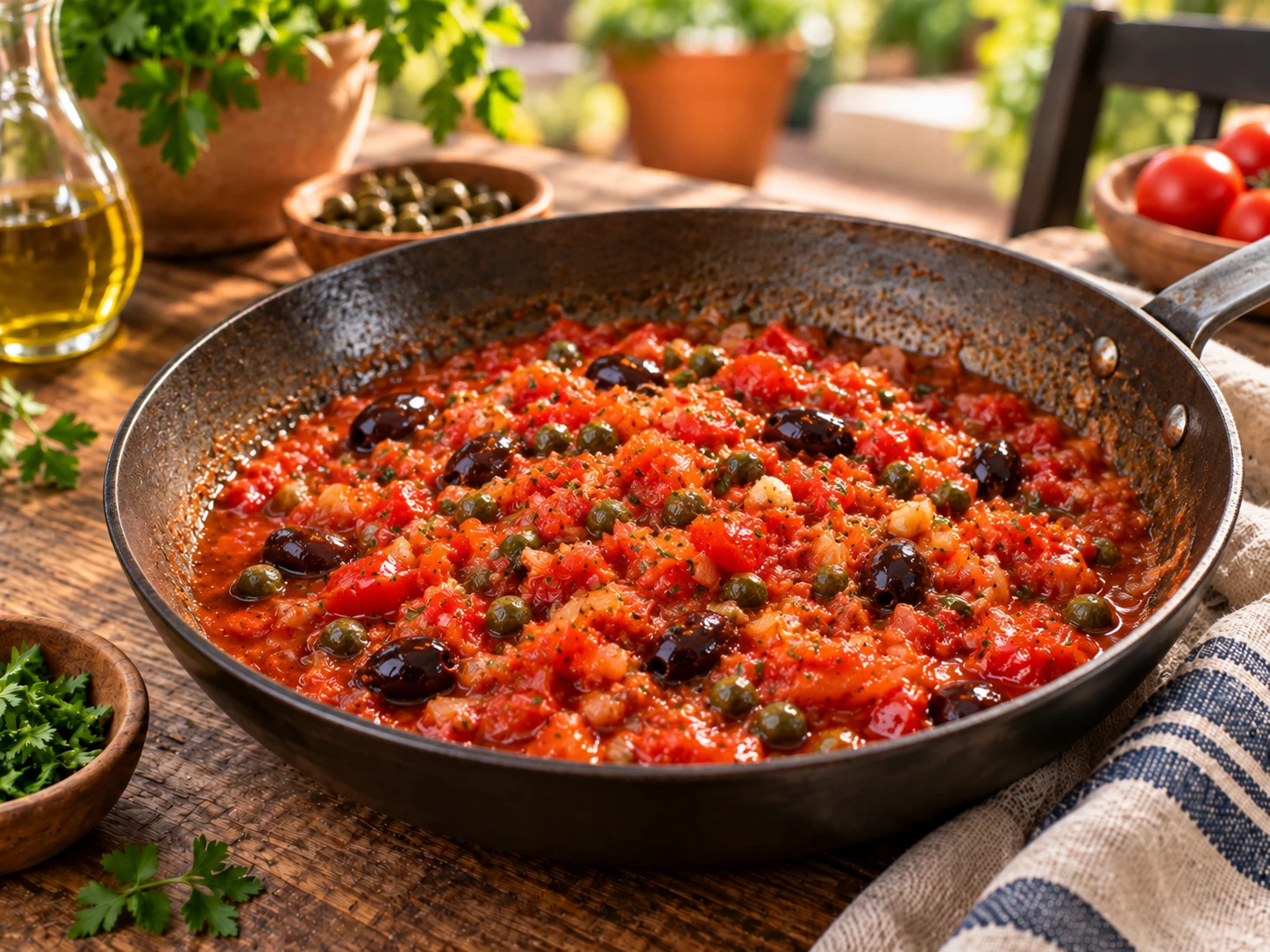 Salsa de tomate con aceitunas negras y alcaparras en una sartén rústica.