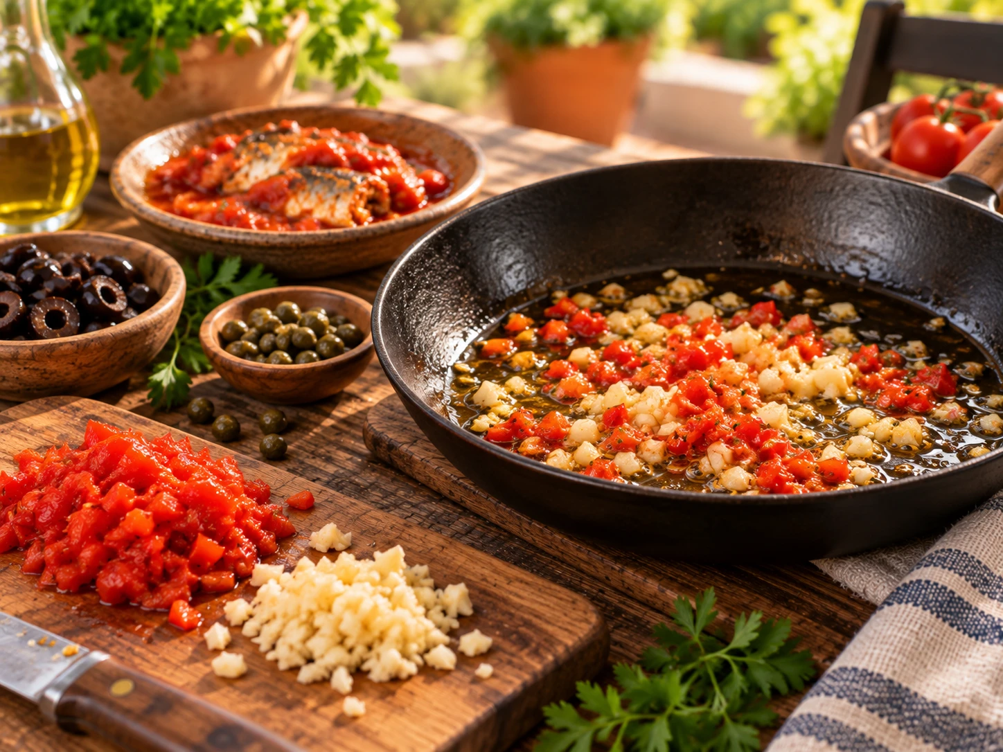 Sofrito de ajo y ají picado en una sartén, junto a los ingredientes preparados.