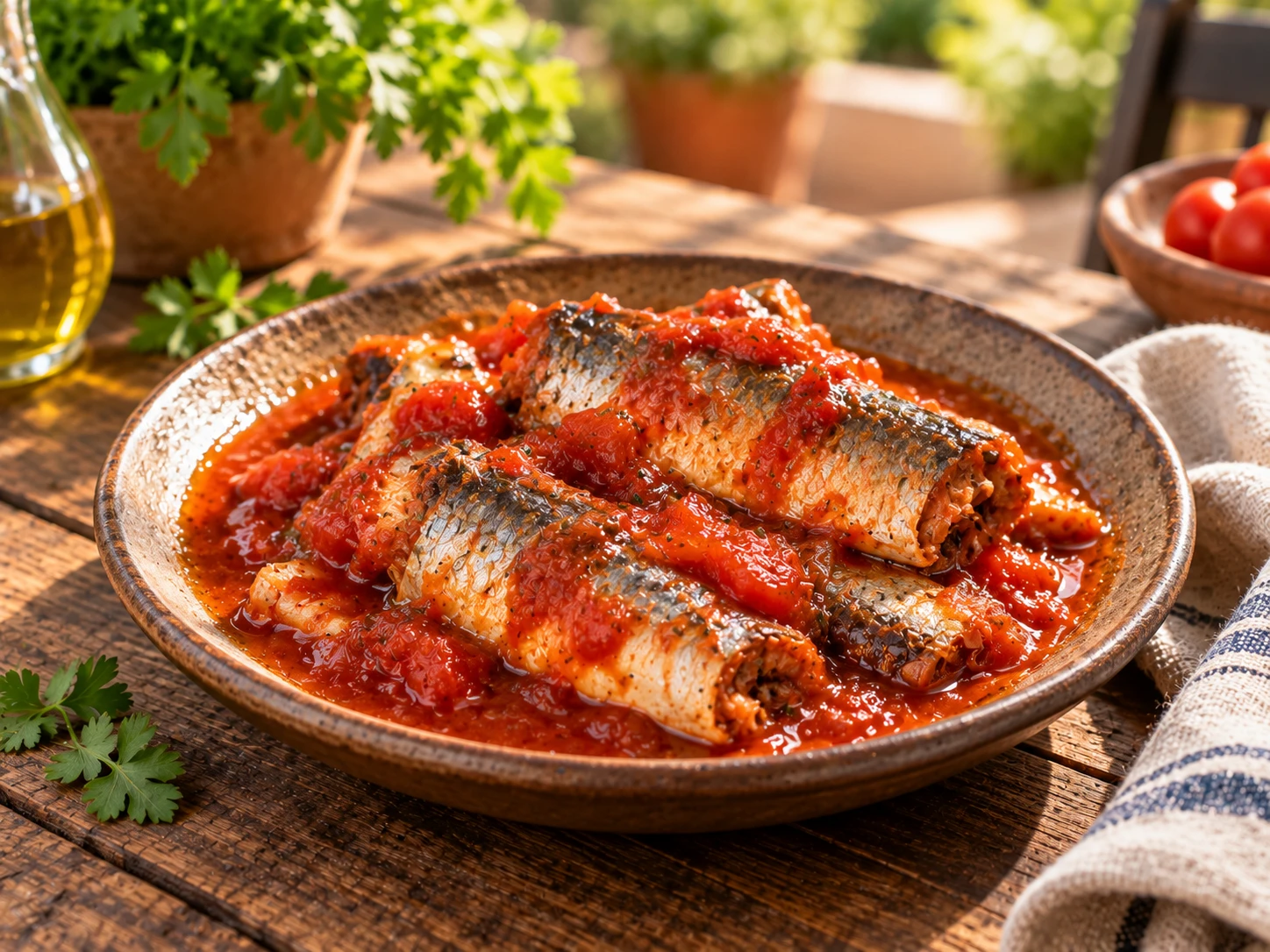 Sardinas en salsa de tomate servidas en un plato rústico sobre una mesa de madera.
